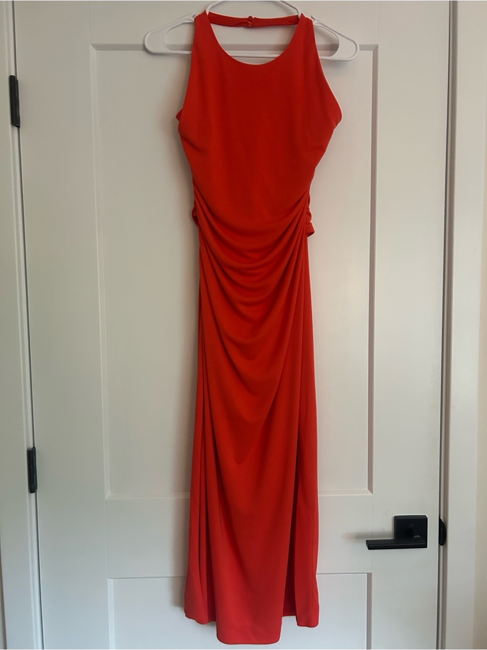 Anthropologie Coral-Red Halter Ruched Maxi Dress
